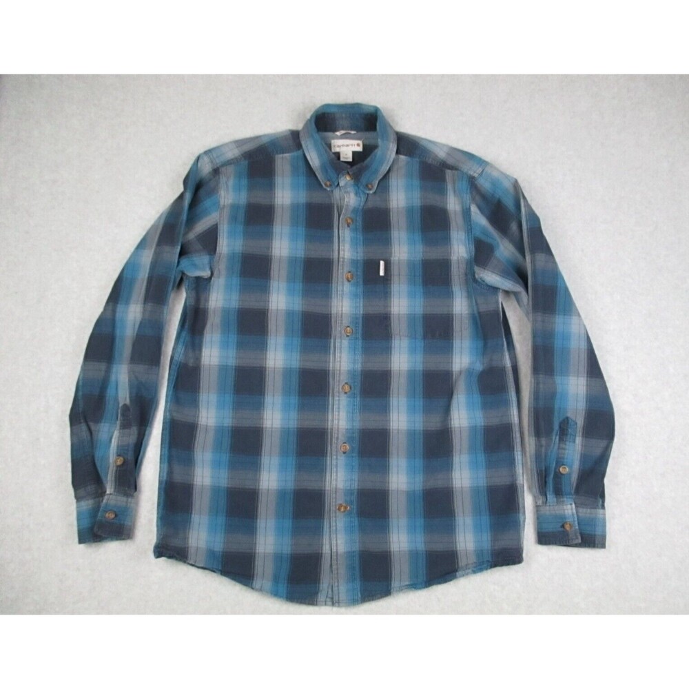 Carhartt Mens Shirt Medium Blue Grey Plaid Long Sleeve Button Front Relaxed Fit
